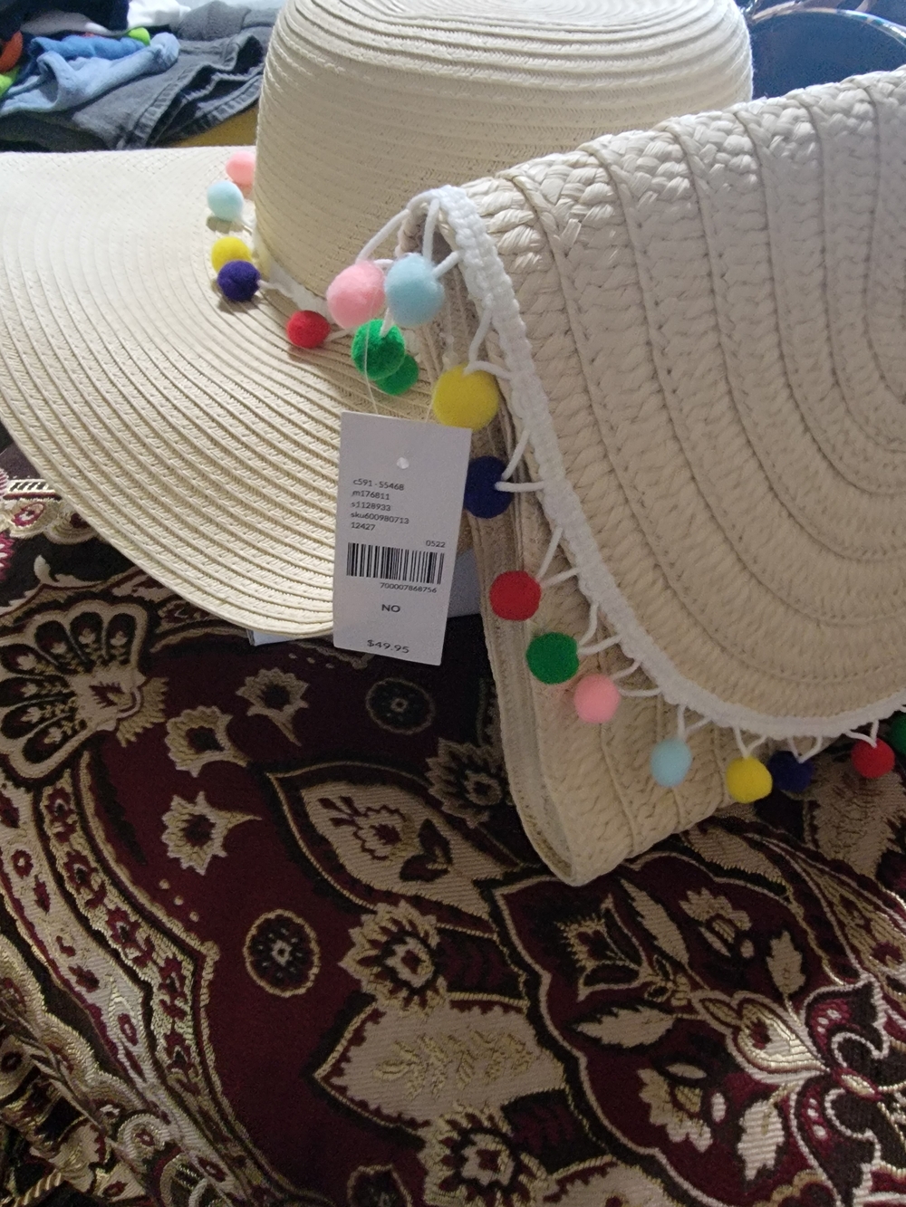 Women Cream Sun Hat with Colorful Pom Poms With Bag
